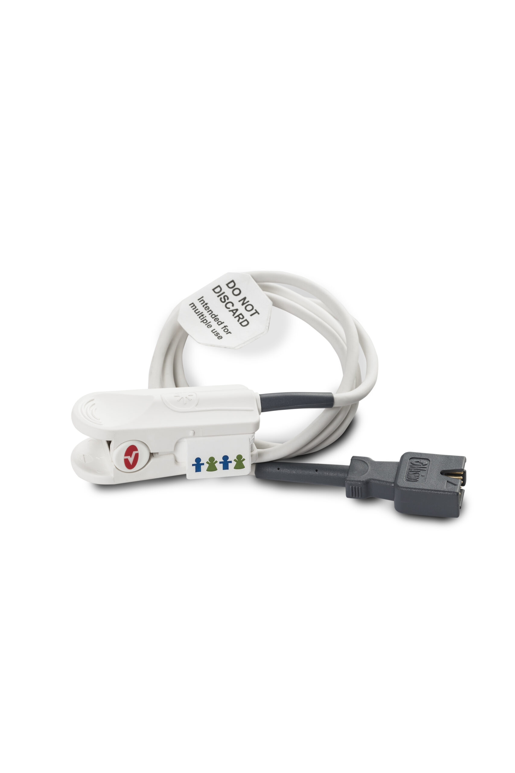 Vitt medicinskt sensorkabel med klämma och etikett, "KASTA INTE," avsedd för flergångsanvändning, på vit bakgrund.