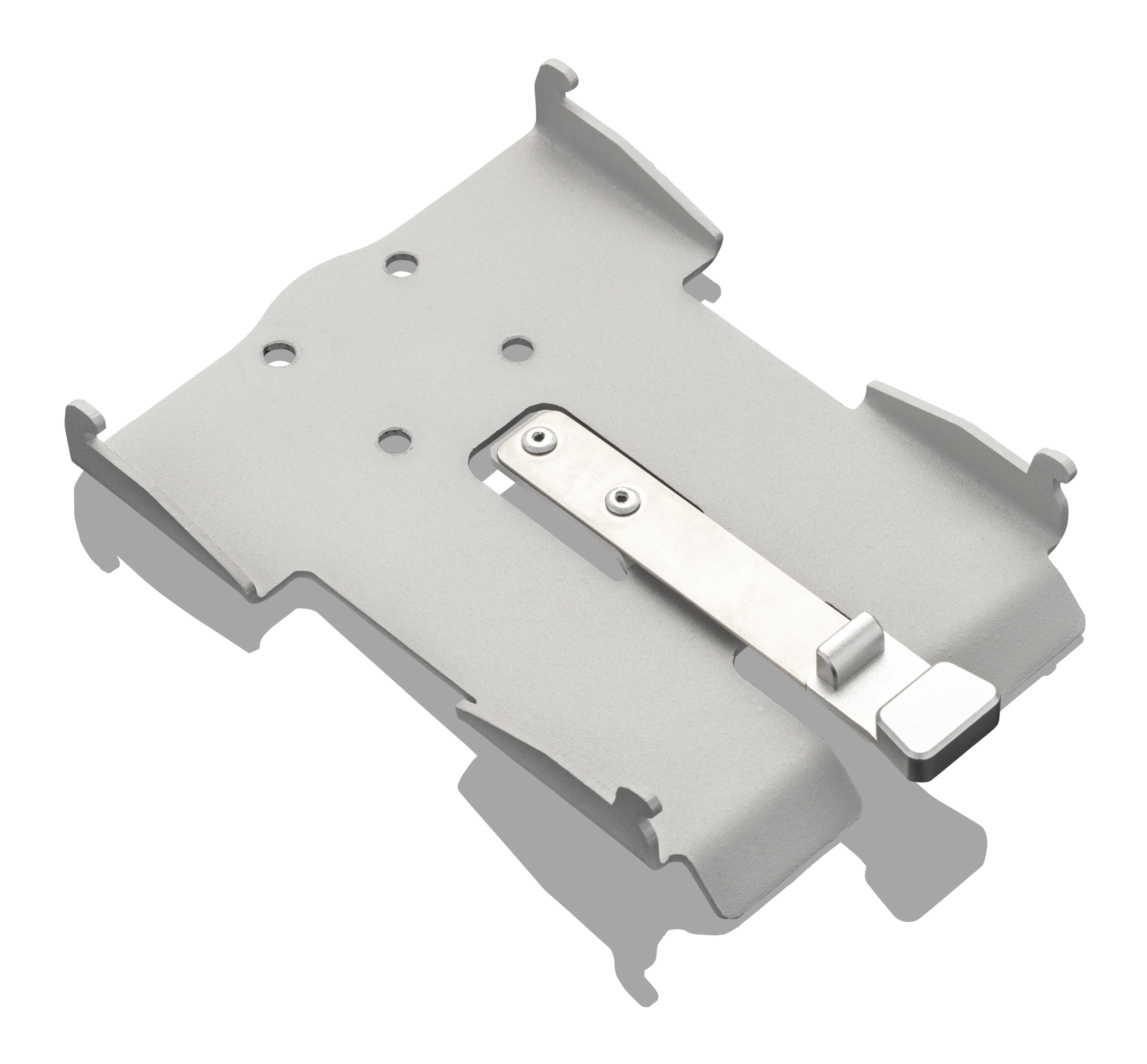 Grå metallfäste med upphöjda kanter och en silverlås i mitten på en vit bakgrund.