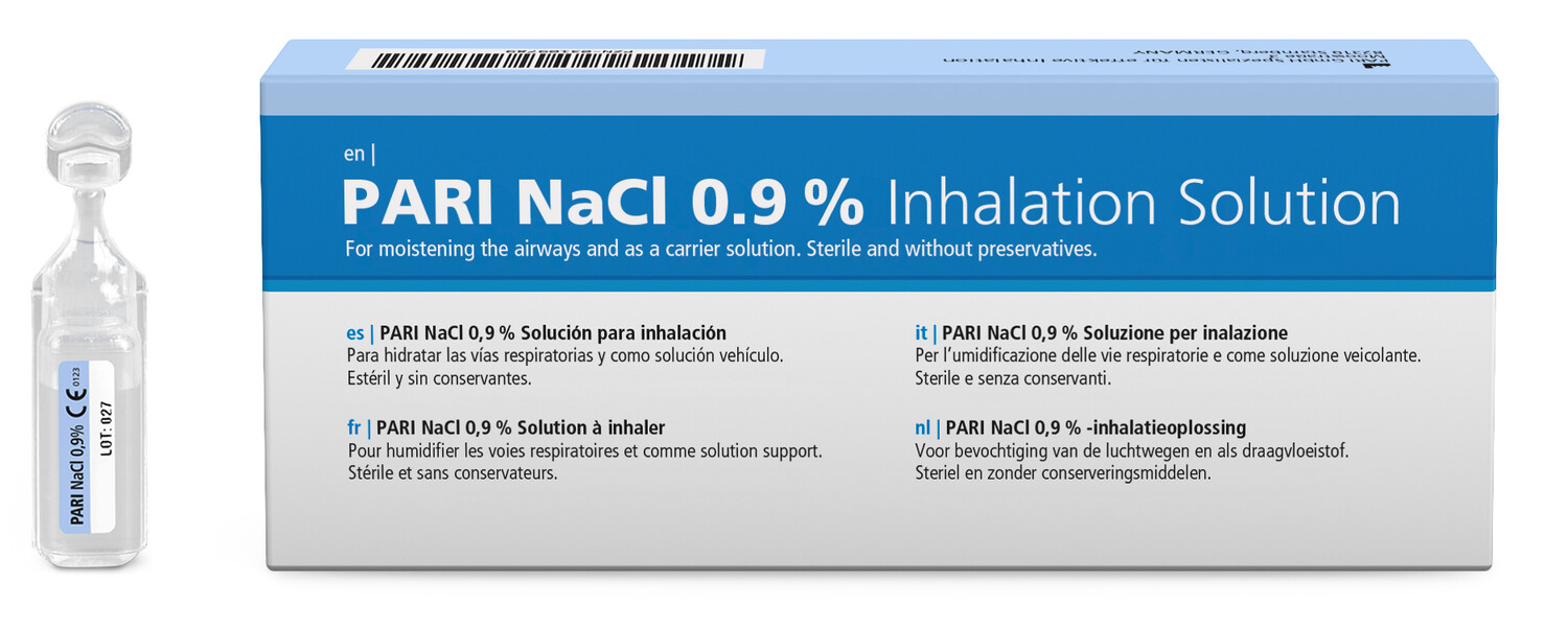 PARI NaCl 0,9 % inhaloimisliuoksen rasia ja injektiopullo hengitysteiden kosteuttamiseen, steriili ja säilöntäaineeton.