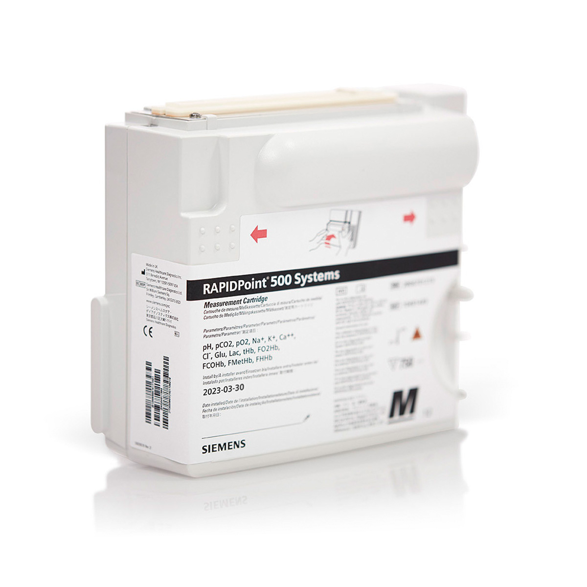 En Siemens RAPIDPoint 500 Systems mätskassett med märkta instruktioner och specifikationer på framsidan.