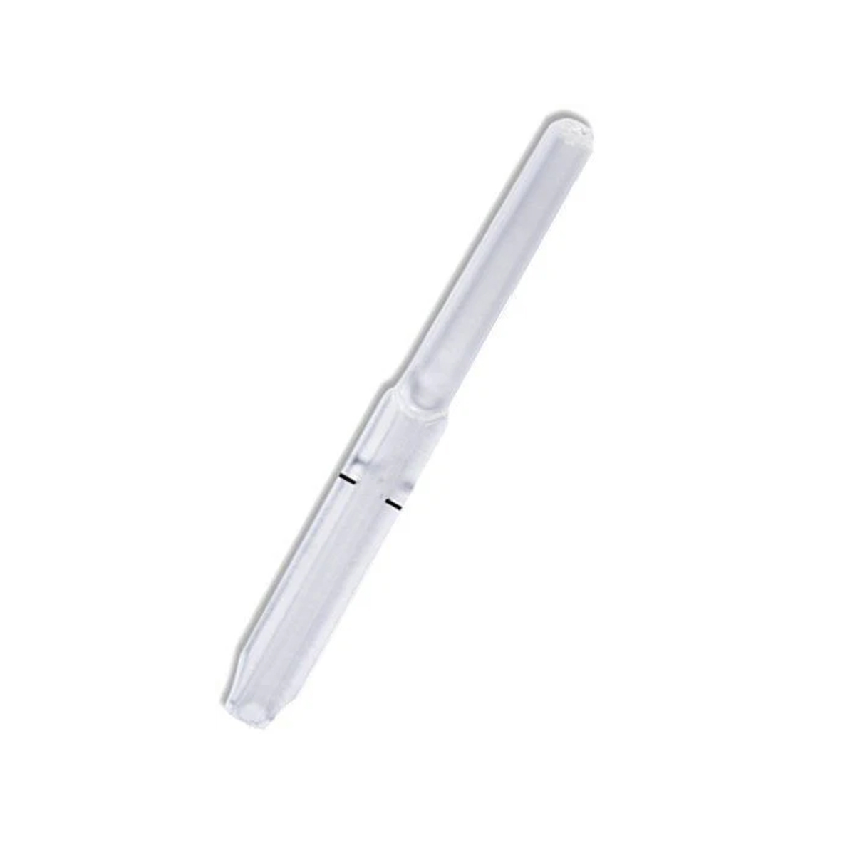 Läpinäkyvä muovinen kynä, jossa on musta viiva, valkoisella taustalla.