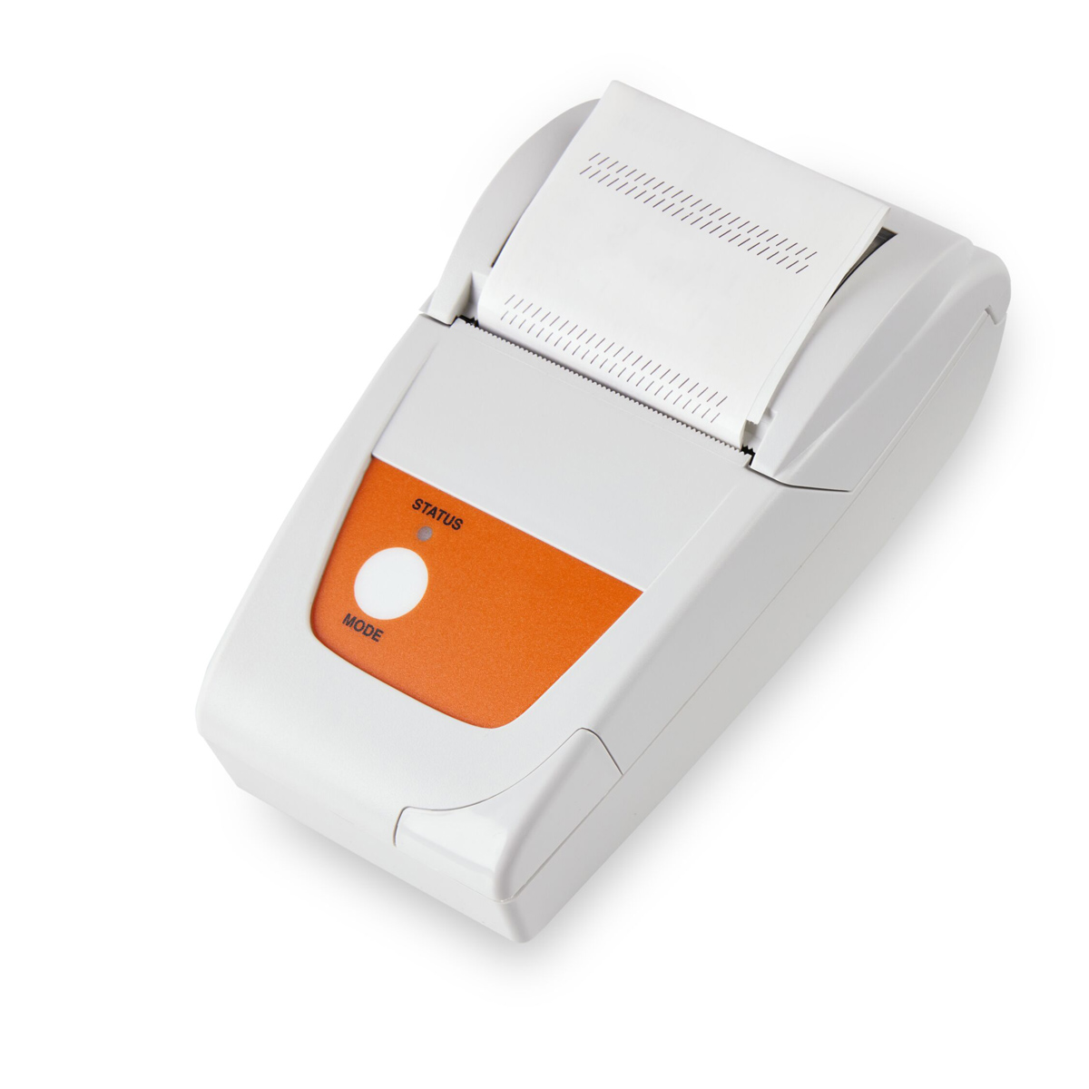 Valkoinen ja oranssi lämpötulostin, jossa on paperirulla tulostusaukossa.