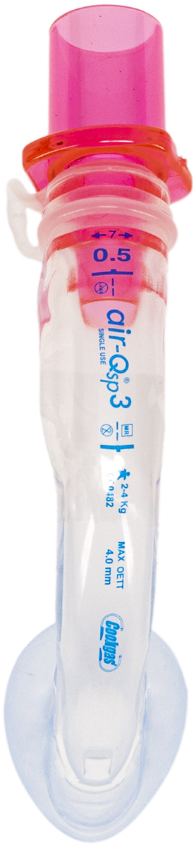 Laryngaalimaski, jossa on vaaleanpunainen ja läpinäkyvä osa sekä sinistä tekstiä.