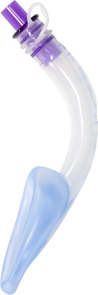 Kaareva kirkas lääketieteellinen hengitystie-laite, jossa on violetti liitin ja sininen pehmeä kärki, eristetty valkoisella taustalla.