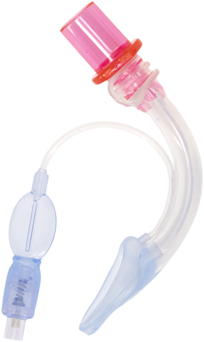 Kaareva lääketieteellinen hengitystieputki, jossa on vaaleanpunaiset ja siniset liittimet, käytetään potilaan hengitysteiden turvaamiseen toimenpiteiden aikana.