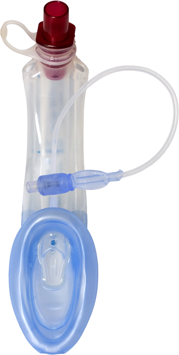 Kurkkumaskilaitteessa on kirkas putki, sininen mansetti ja liitetty täyttölinja.