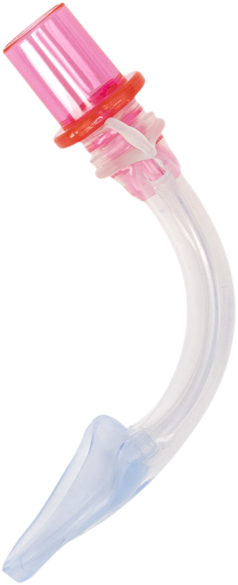 Käyrä muovinen lääkinnällinen hengitystietuote, jossa on vaaleanpunainen liitin ja kirkas runko, käytetään ylläpitämään avoimia hengitysteitä.