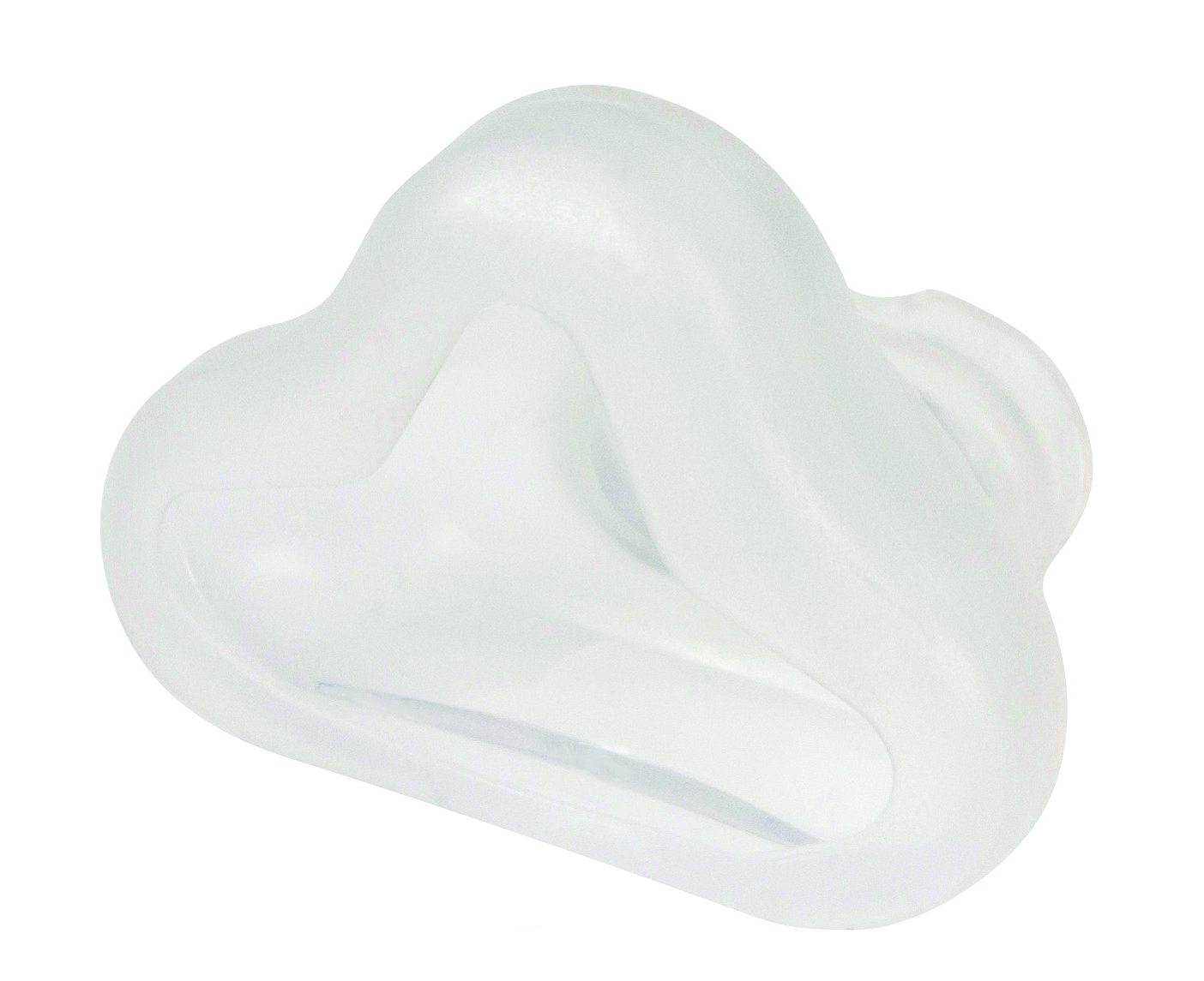 Klar silikon CPAP näsmaskkudde på vit bakgrund.