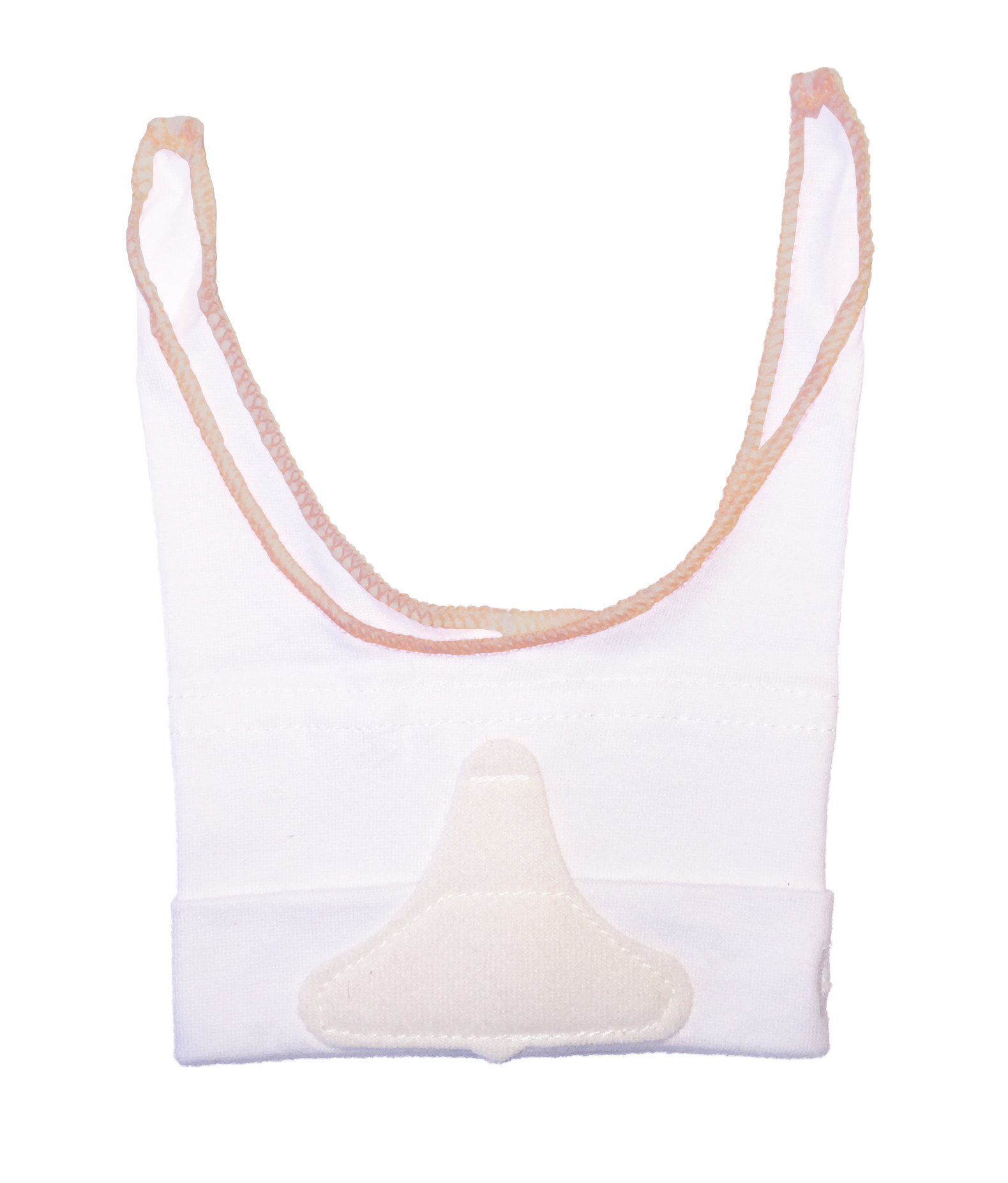 Vit ortopedisk nässtödsförband med beige kant, designad för användning efter operation, isolerad på vit bakgrund.