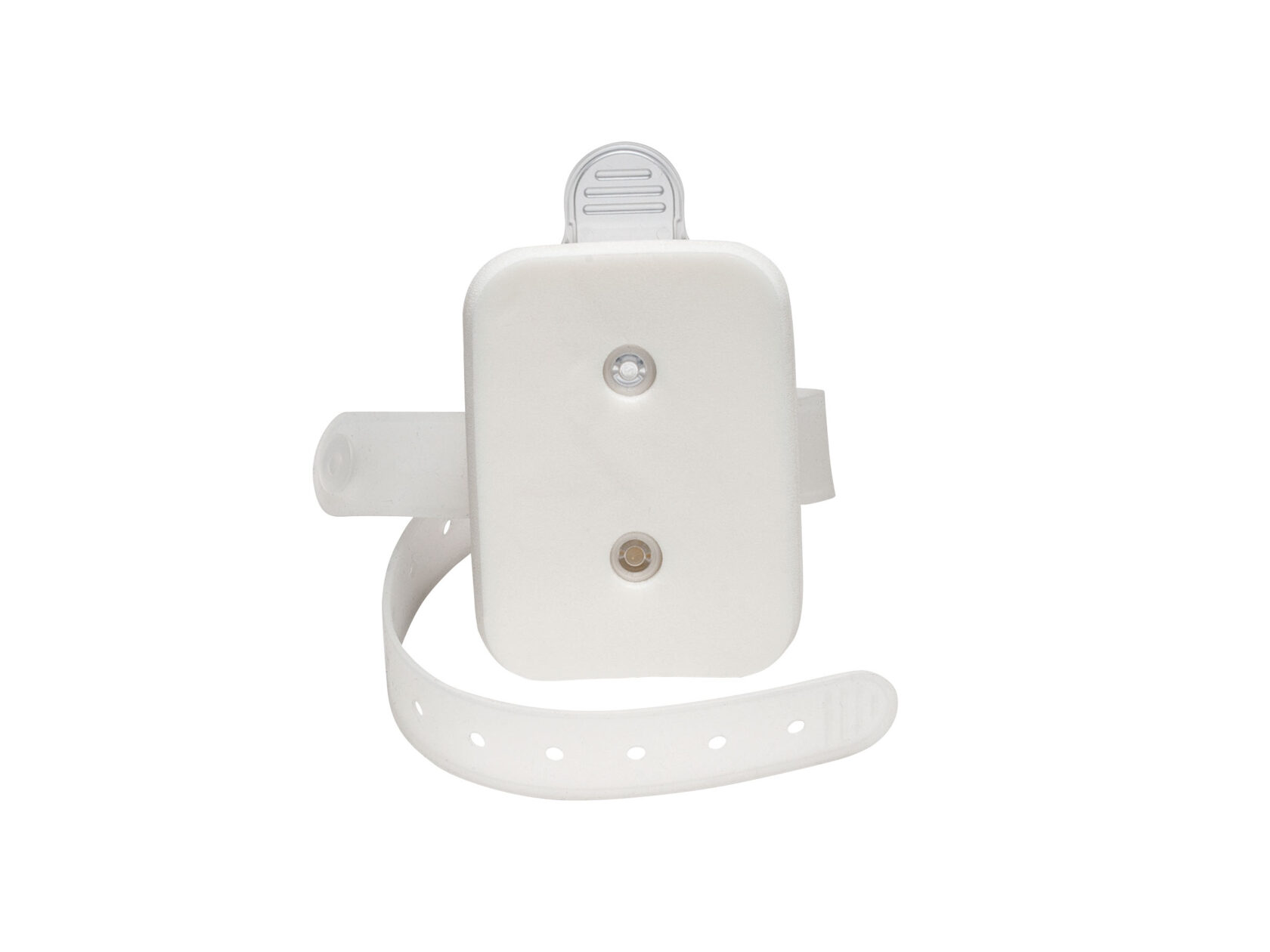 Valkoinen muovinen ranneke, jossa kaksi pientä pyöreää anturia ja säädettävä hihna, eristetty valkoisella taustalla.