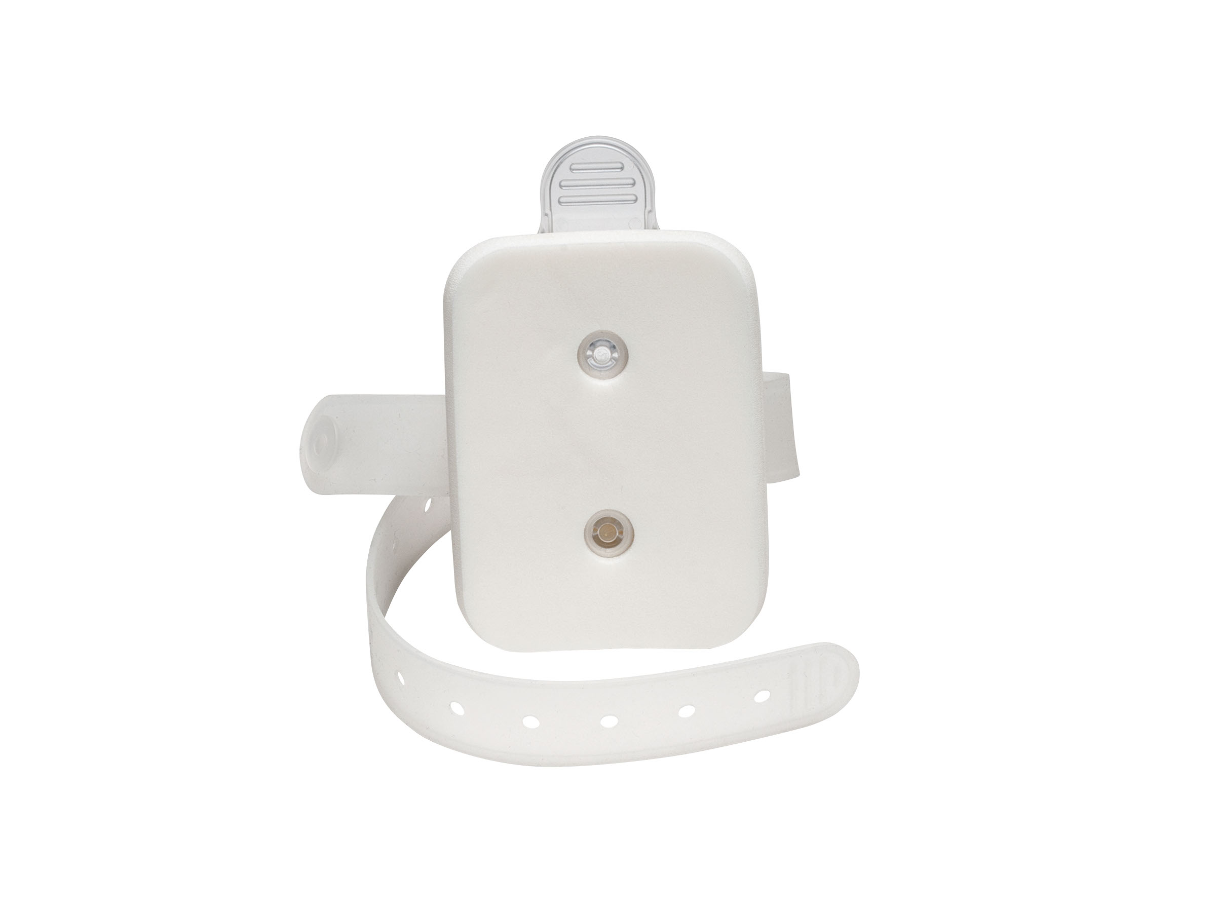 Valkoinen muovinen ranneke, jossa kaksi pientä pyöreää anturia ja säädettävä hihna, eristetty valkoisella taustalla.