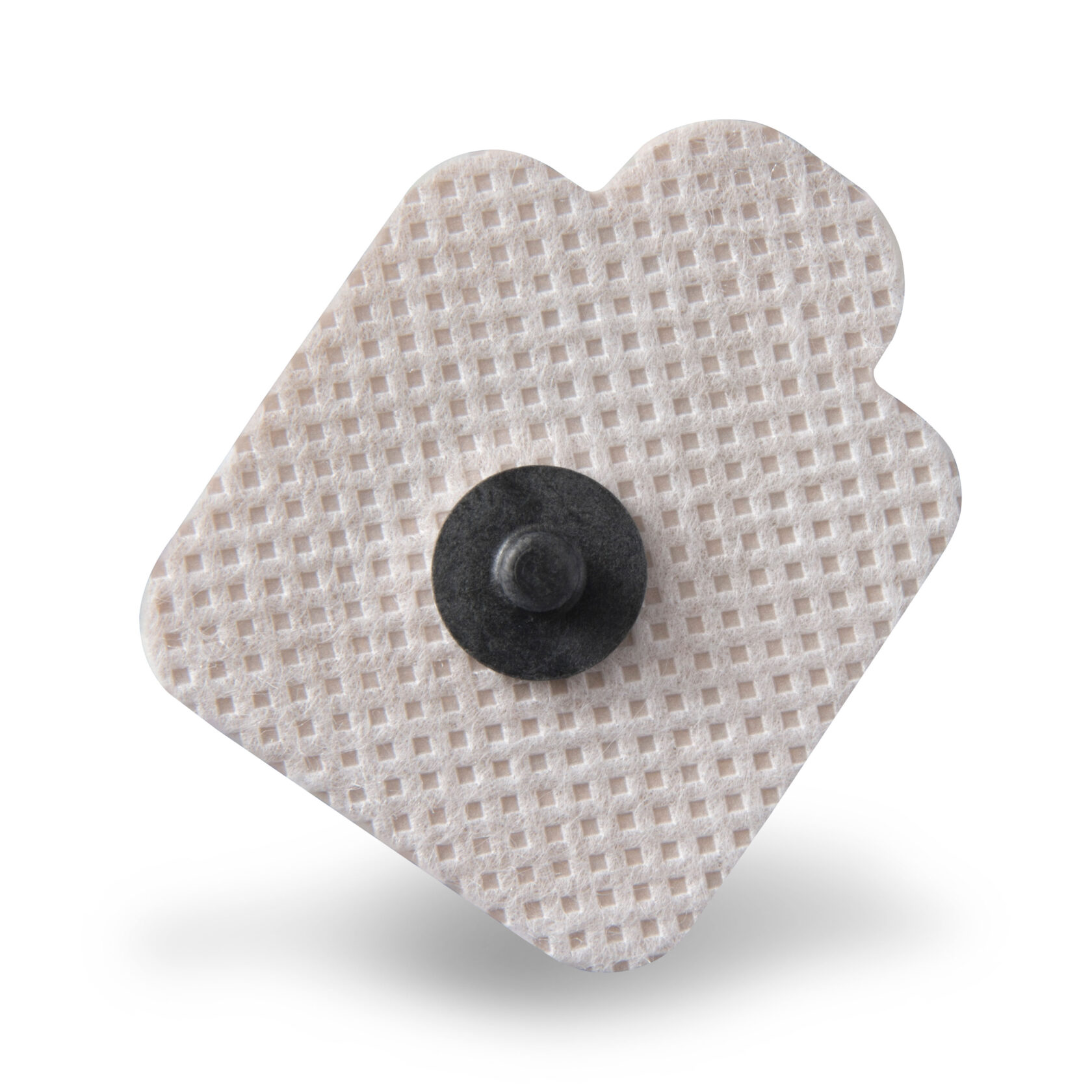 Ett enda självhäftande medicinskt elektrodplåster med en texturerad yta och en svart tryckknapp i mitten.