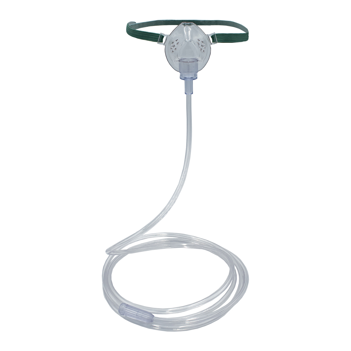 Happinaamari, jossa on vihreä kiinnitysnauha ja pitkä kirkas letku.