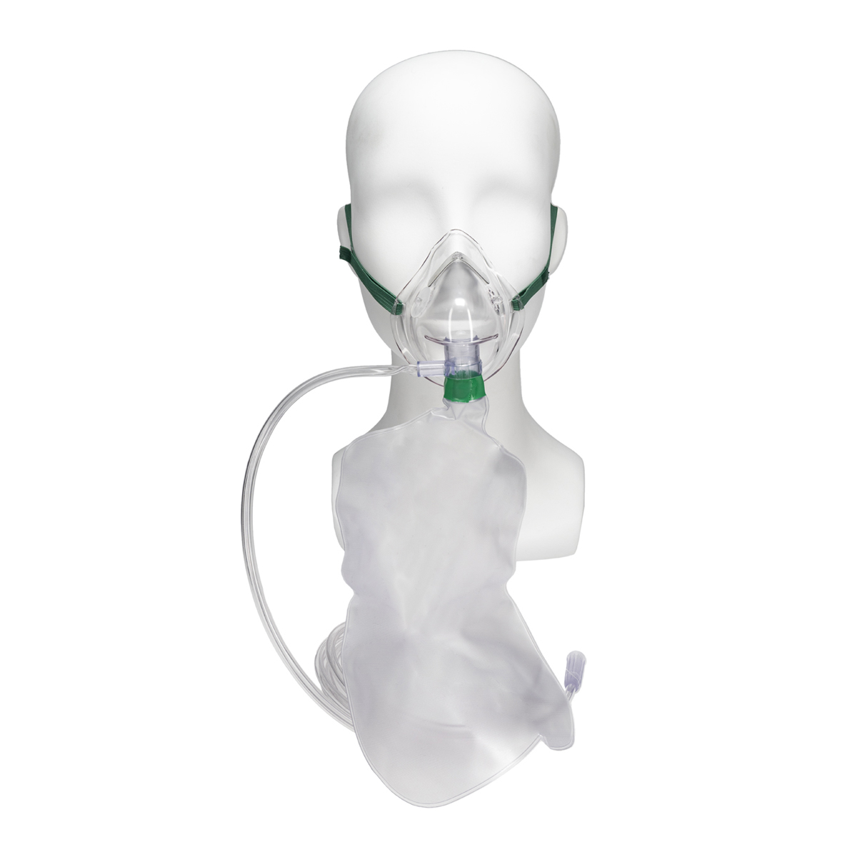 Happimannekiinilla happimaski ja letku, jossa on kirkas säiliöpussi ja vihreä kiinnityslenkki.