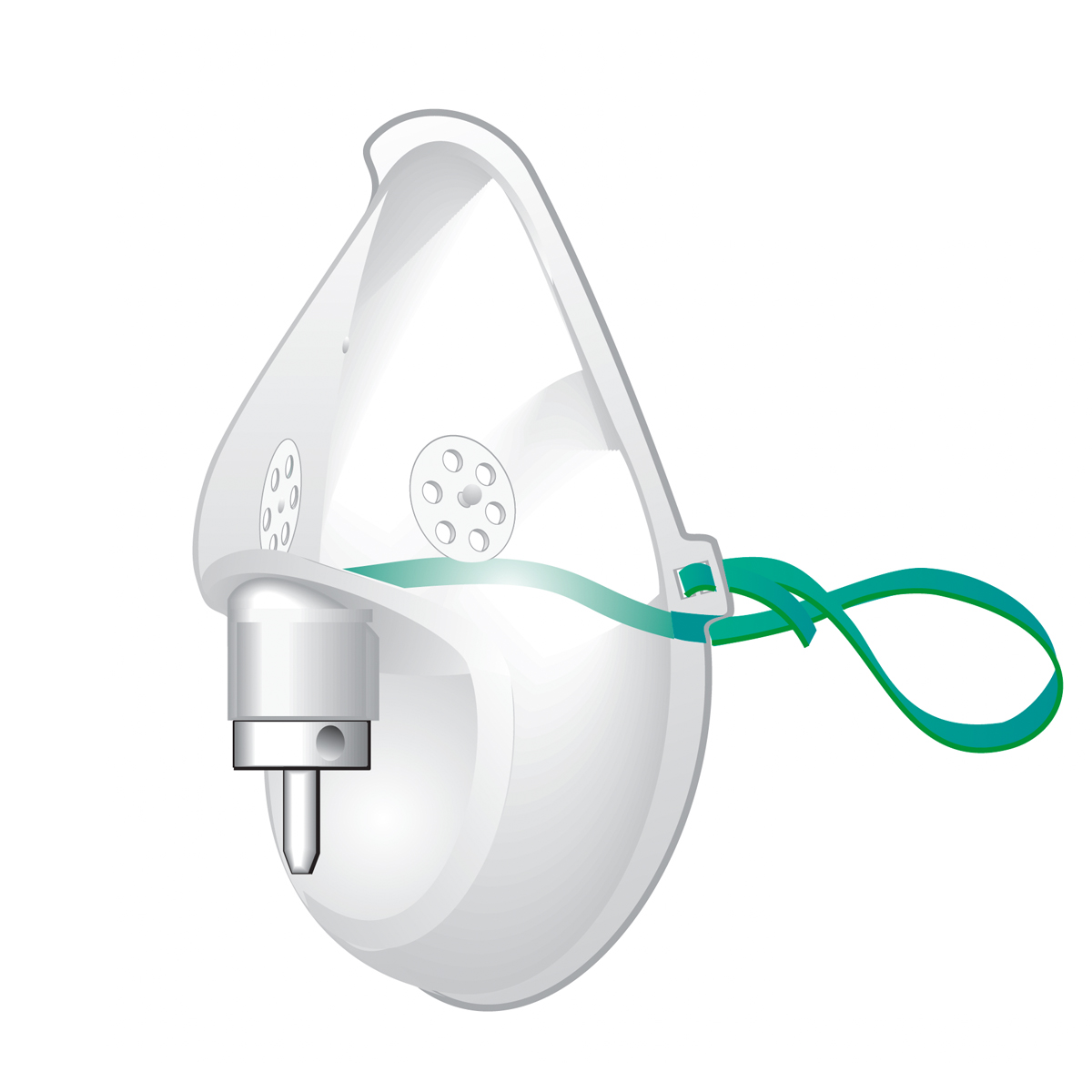 Piirros hapen hengitysnaamarista vihreällä kiinnitysnauhalla valkoisella taustalla.