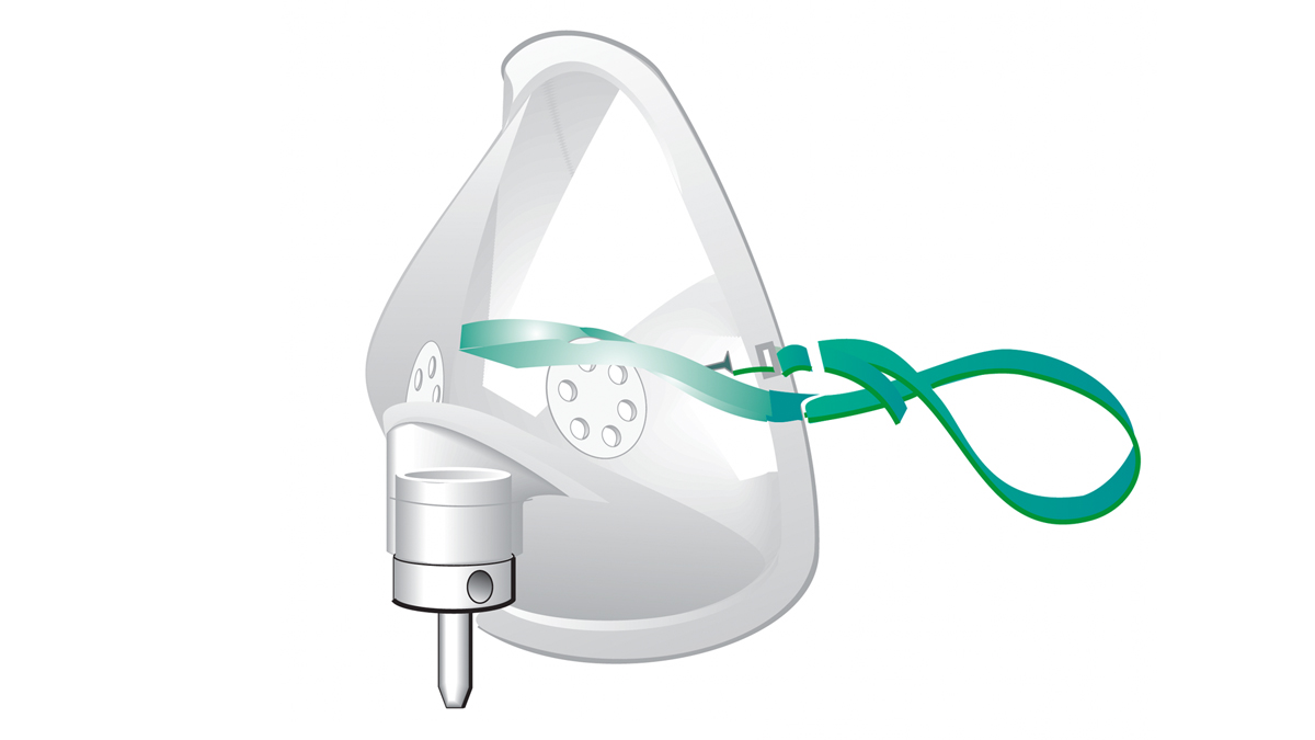 Piirros kirkkaasta happimaskista ja vihreästä kiinnitysnauhasta valkoisella taustalla.