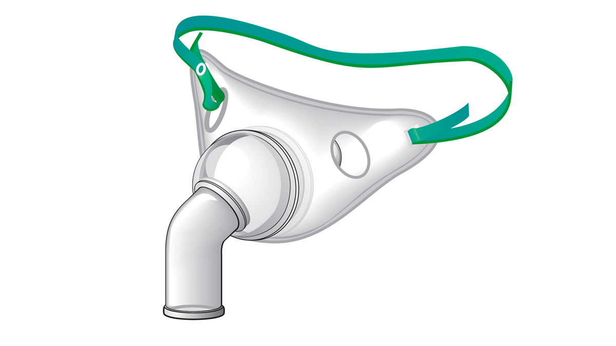 Piirros happimaskista, jossa vihreä kiinnityshihna ja läpinäkyvä muoviosa.