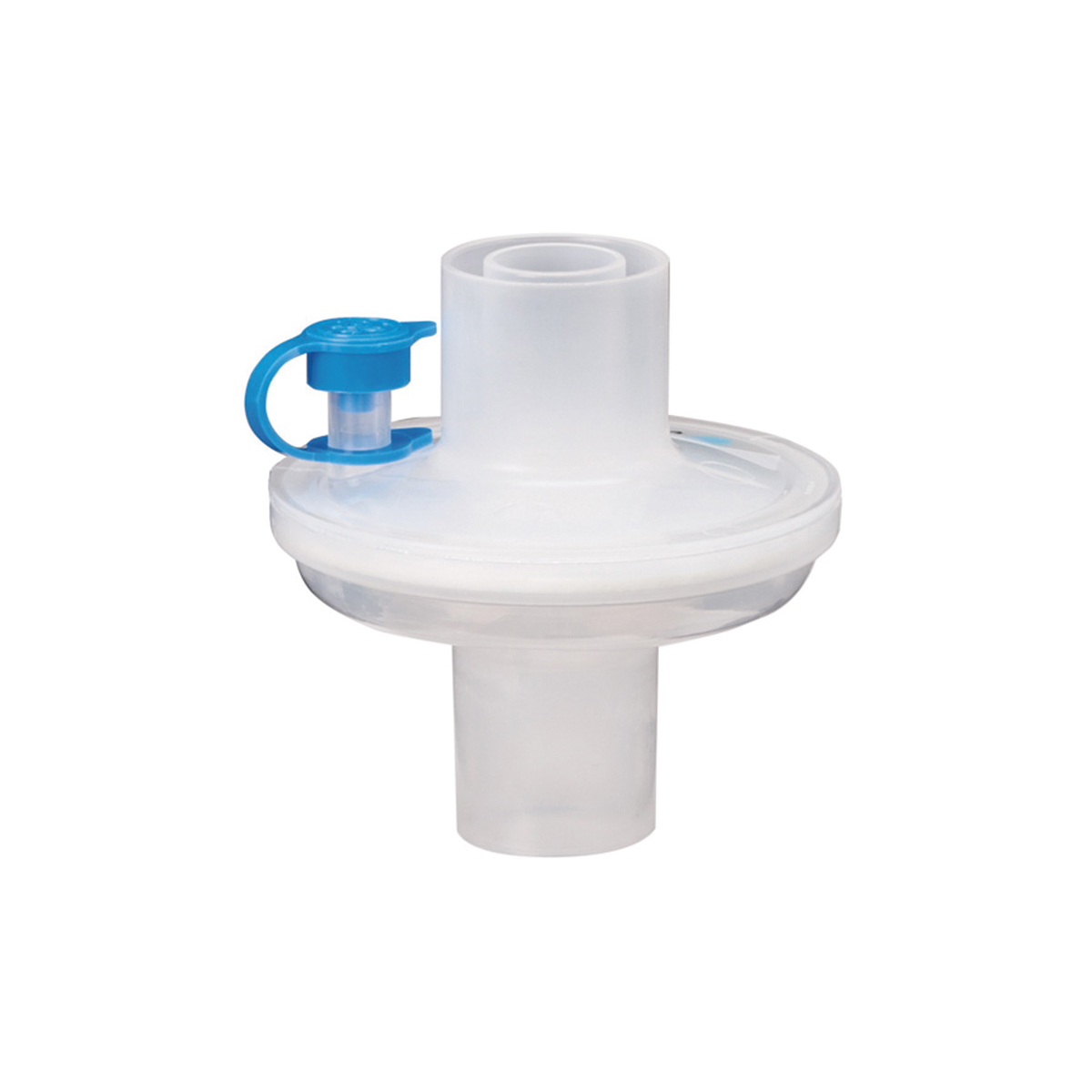 Läpinäkyvä lääkinnällinen suodatinkappale, jossa sininen korkki, valkoisella taustalla.