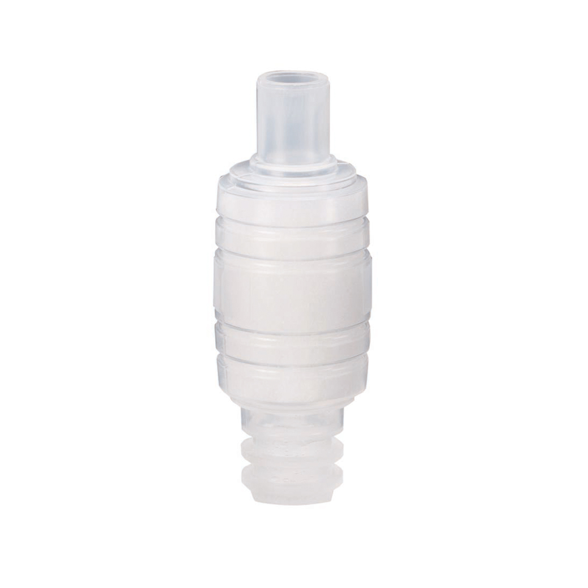 Läpinäkyvä muovinen lääketieteellinen venttiili valkoisella taustalla.