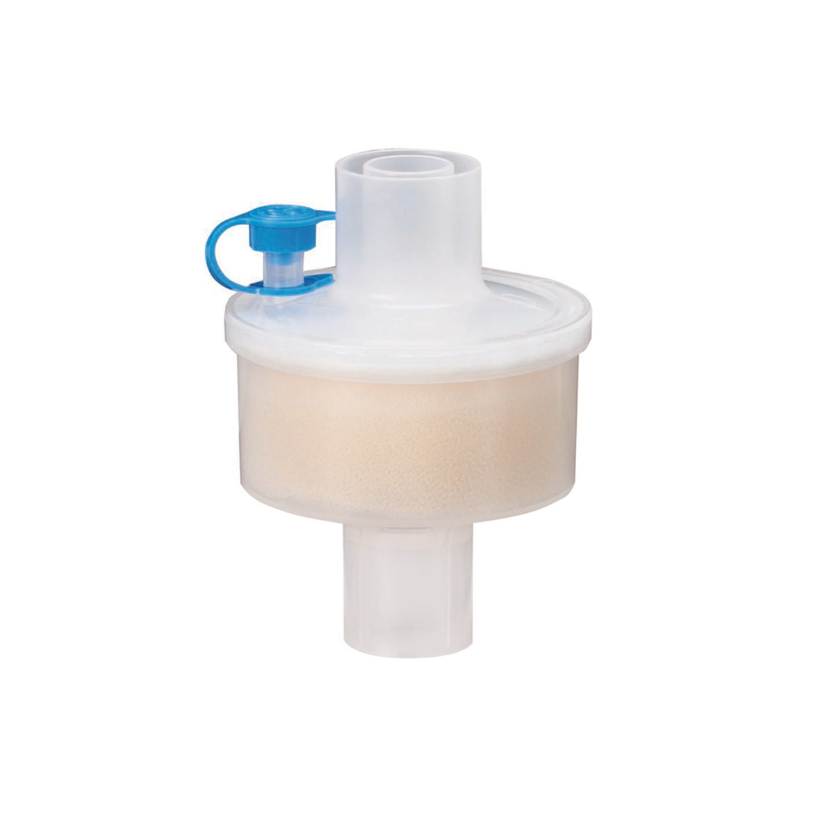 Hengityssuodatin, jossa on kirkas muovirunko ja vaalea suodatinosa sekä sininen korkki.