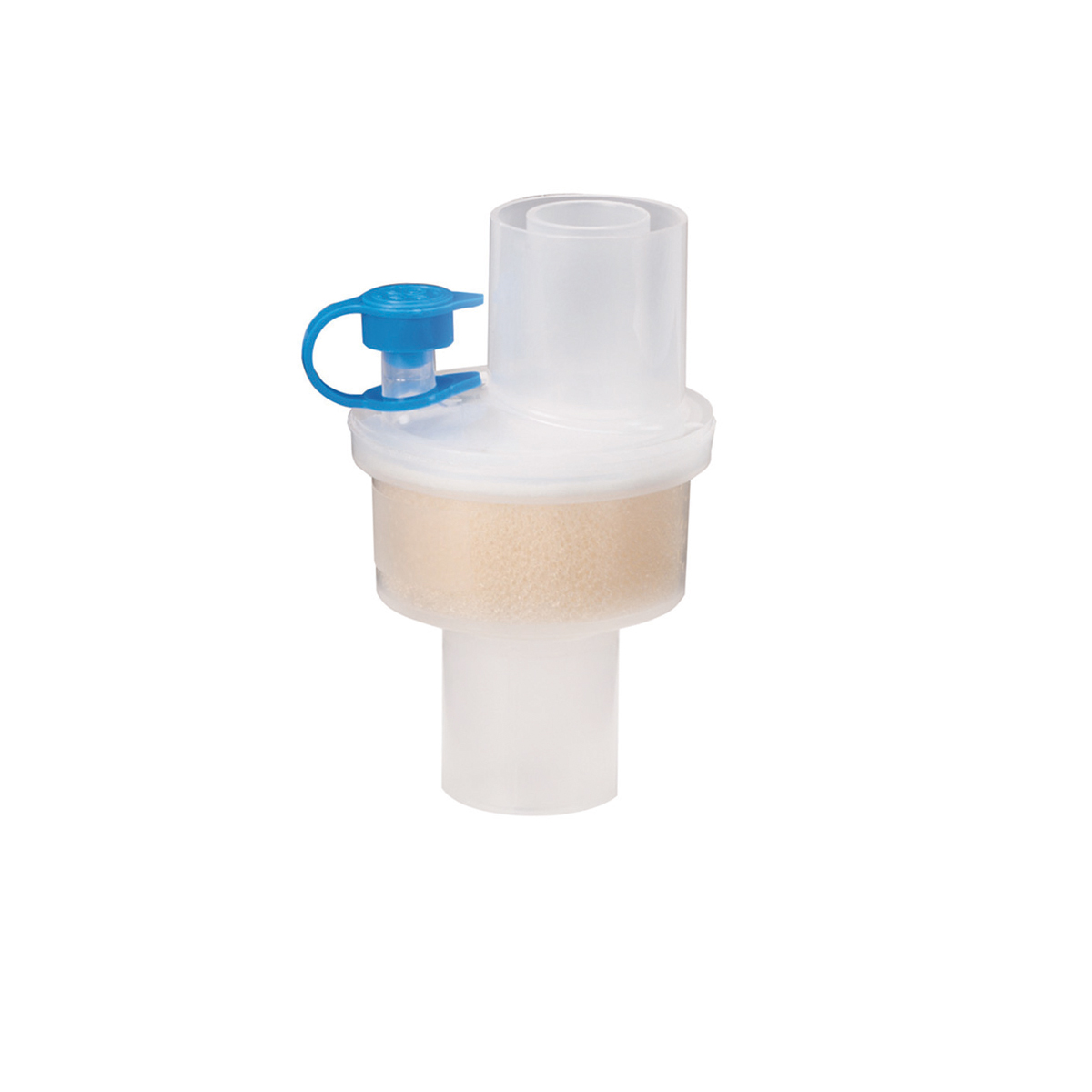 Hengityssuodatin läpinäkyvällä rungolla ja sinisellä korkilla valkoisella taustalla.