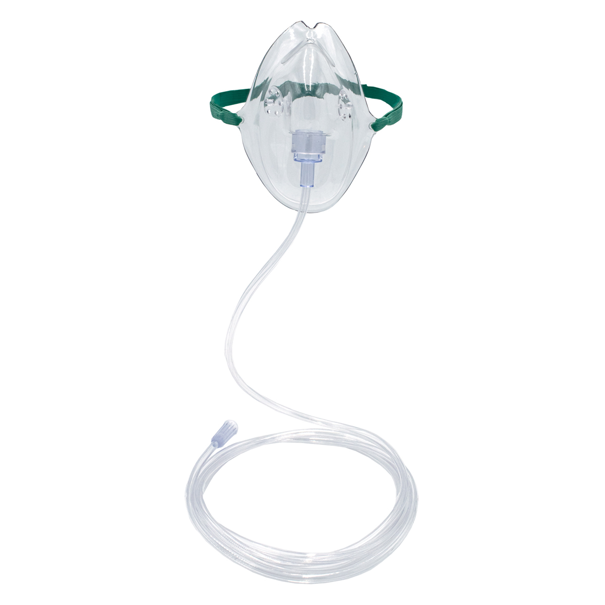 Läpinäkyvä happimaski vihreällä hihnalla ja pitkä kirkas muoviletku.