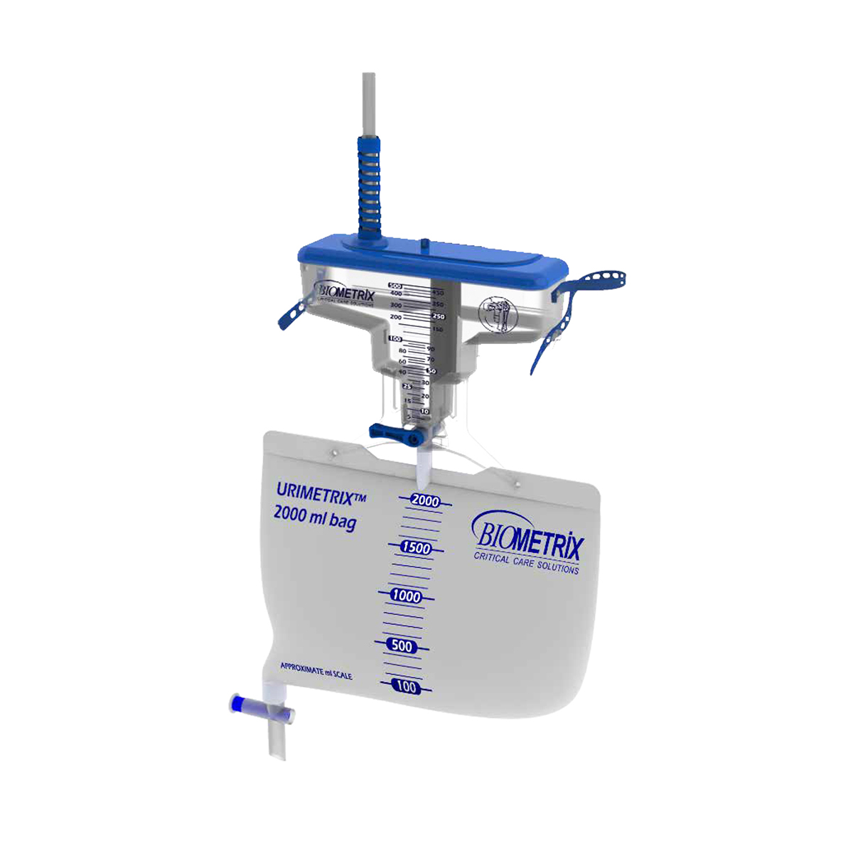 Läpinäkyvä Biometrix-virtsapussi, tilavuus 2000 ml, mitta-asteikko ja sinisiä yksityiskohtia.