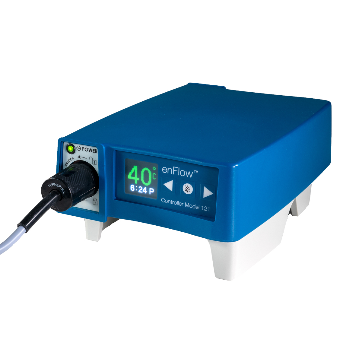 Sininen enFlow-lääketieteellinen laite, jossa on digitaalinen näyttö, joka näyttää 40°C, virtapainike ja vasemmalla puolella oleva kaapeli.