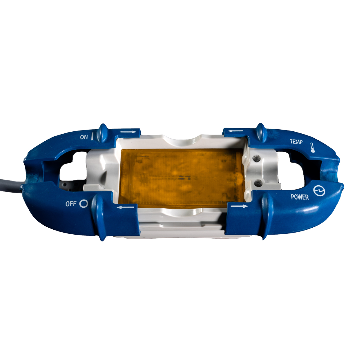 Sininen ja valkoinen lääketieteellinen laite, jossa on keltainen paneeli, jossa lukee ON, OFF, TEMP ja POWER, eristettynä valkoisella taustalla.