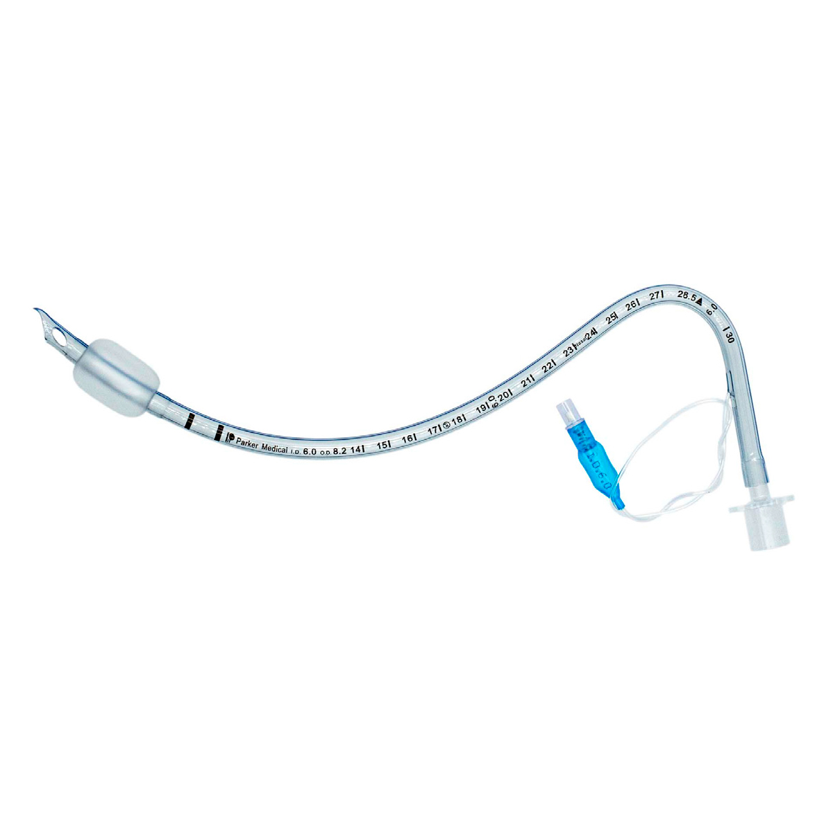 Kuvassa on intubaatio- eli hengitystieputki, jossa on täytettävä mansetti ja kirkas muovinen rakenne.