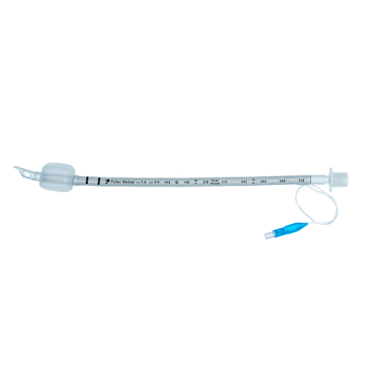 Lääketieteellinen endotrakeaalinen putki kumirengas ja sininen ilmaventtiili valkoisella taustalla.