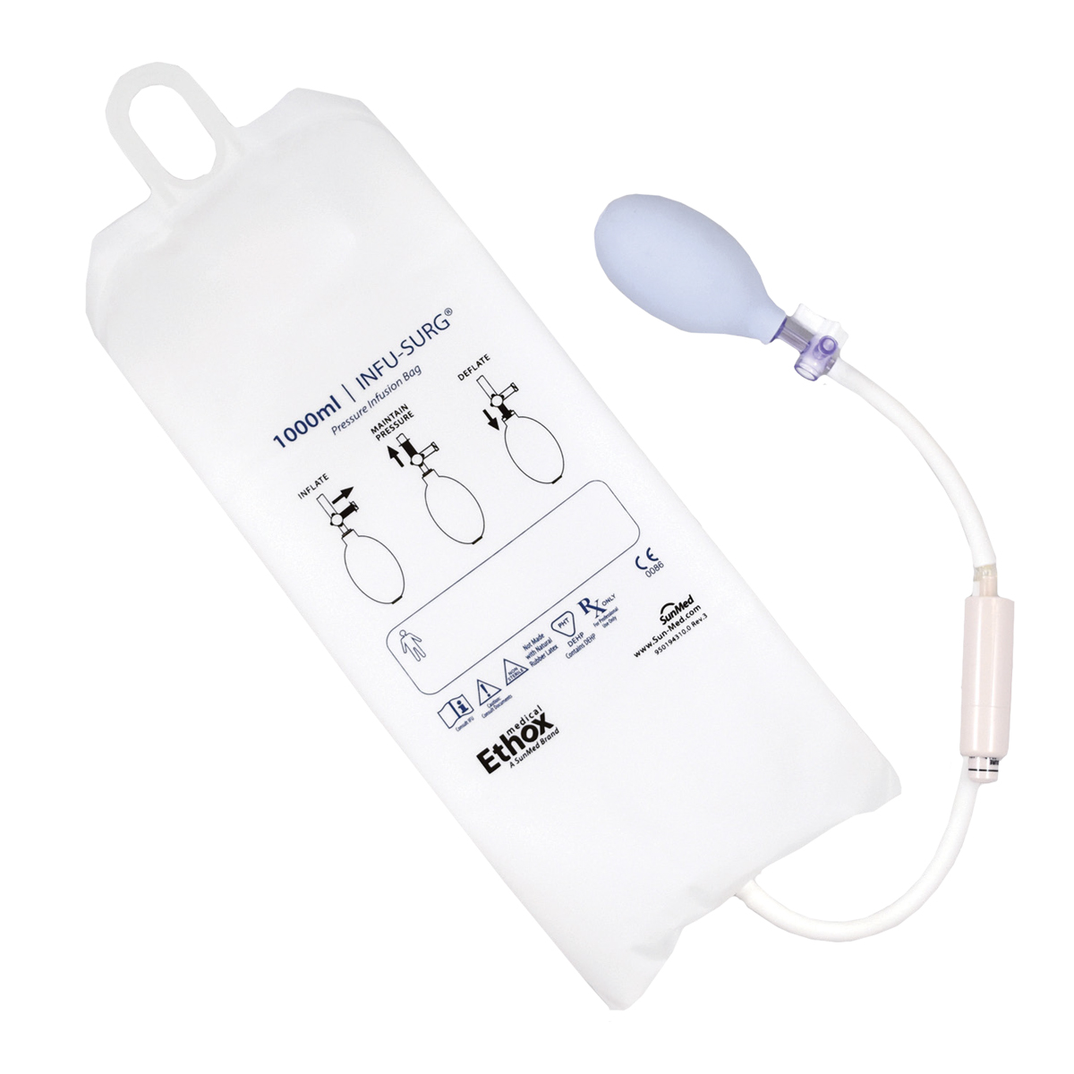 Valkoinen 1000 ml infuusiopussin painemansetti, jossa on sininen pumppu ja ohjeet pussin päällä.
