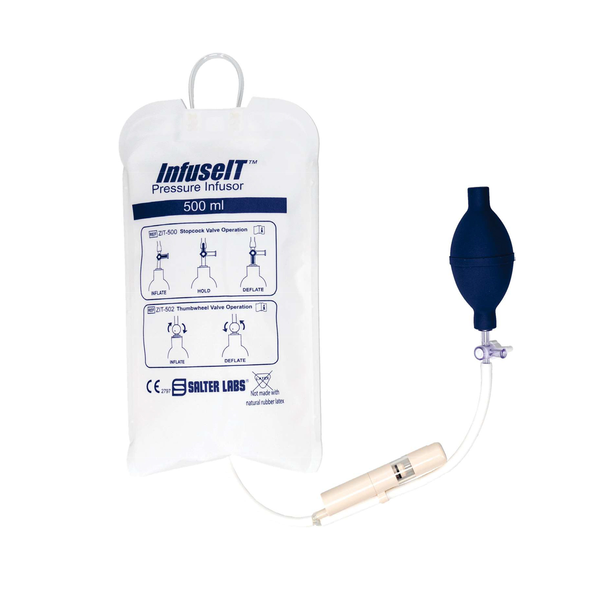 Infuusipussi, jossa on painemansetti ja ohjeet. Tilavuus 500 ml, sininen pumppu letkussa.