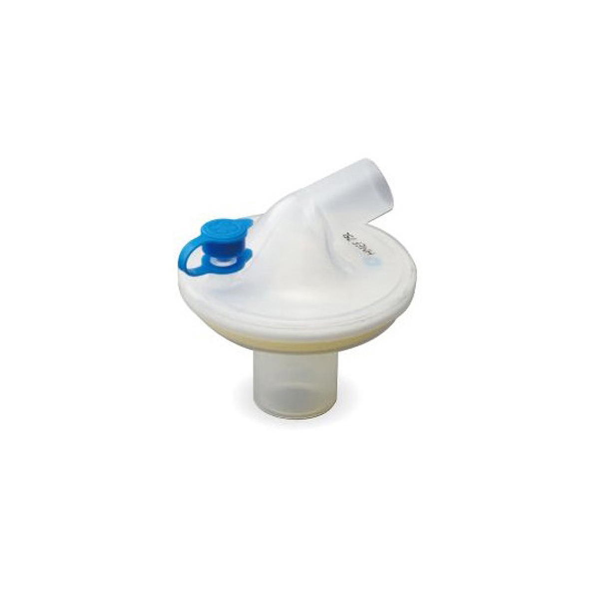 Läpivirtausventilaattorisuodatin, jossa läpinäkyvä runko ja sininen kansiosa.