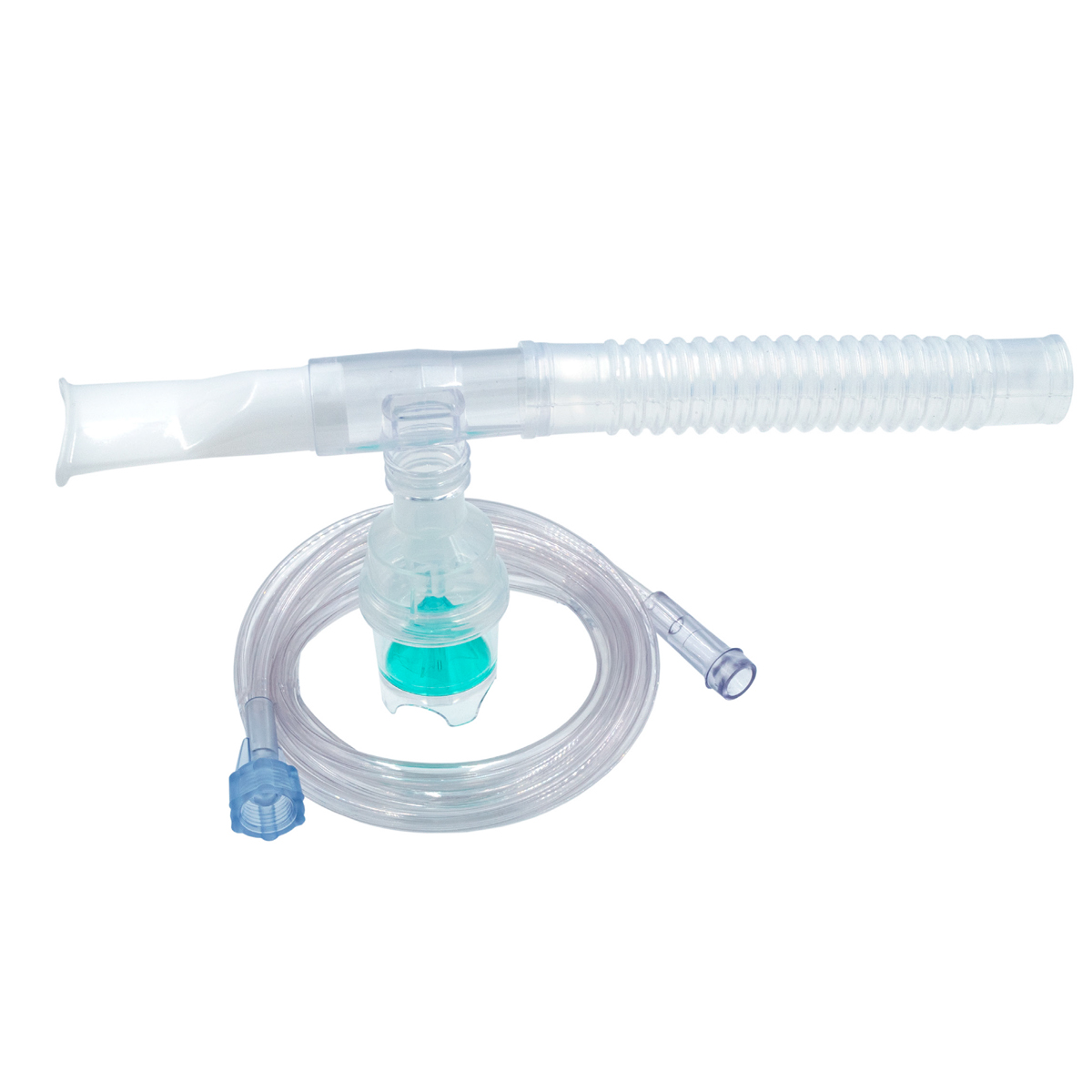 Lääkinnällinen inhalaattorin maski ja letku, väritön ja sinivihreä osa, valkoisella taustalla.