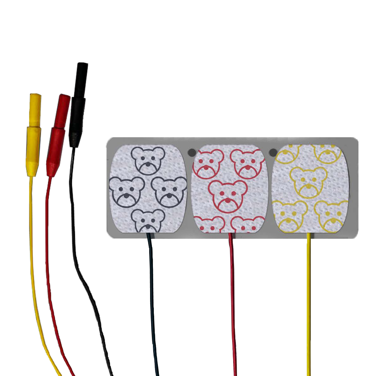 Kolme karhukuvioilla koristeltua elektrodia, joissa on keltaiset, punaiset ja mustat johdot.
