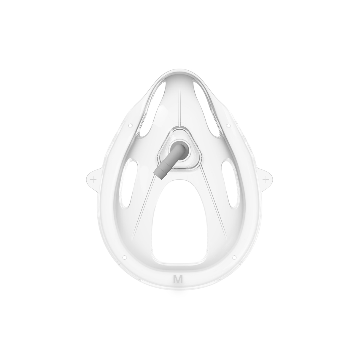 Läpinäkyvä, keskeltä avoin kasvonaamari, jossa on harmaa venttiili ja kootunnus "M".