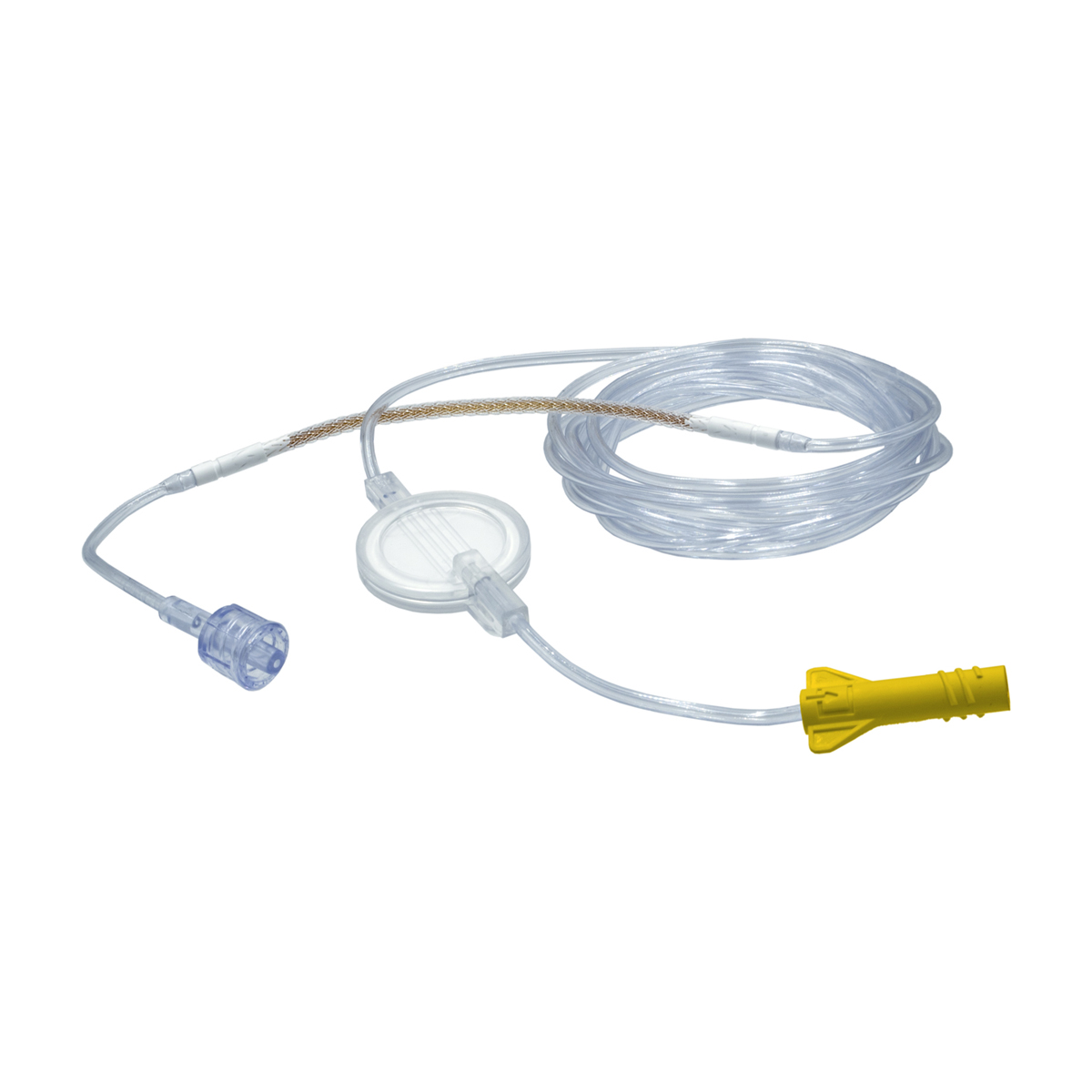 Läpinäkyvä lääketieteellinen letku, jossa keltainen korkki ja suodatin, valkoisella taustalla.