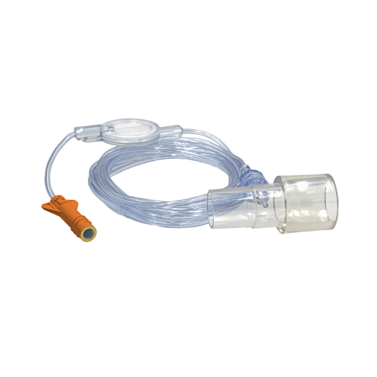 Läpinäkyvä happiviikset-putki oranssilla liittimellä, käytetään sairaanhoidossa.