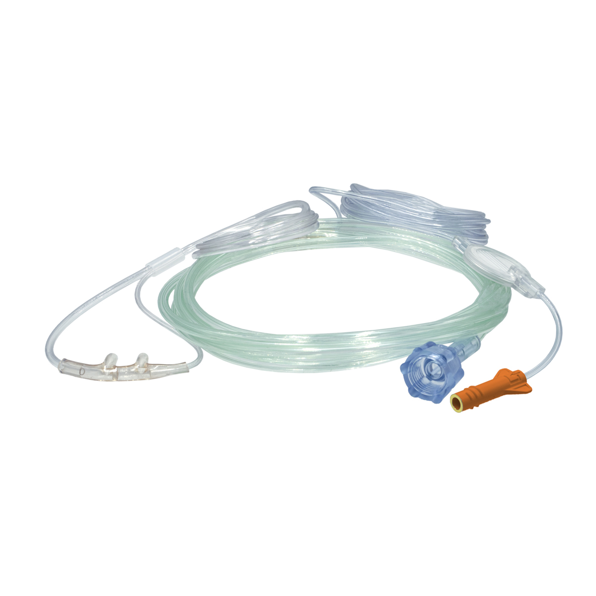 Kirkas happiviiksiletku, jossa on muoviset liittimet sekä nenäkäyttöön tarkoitettu osa.