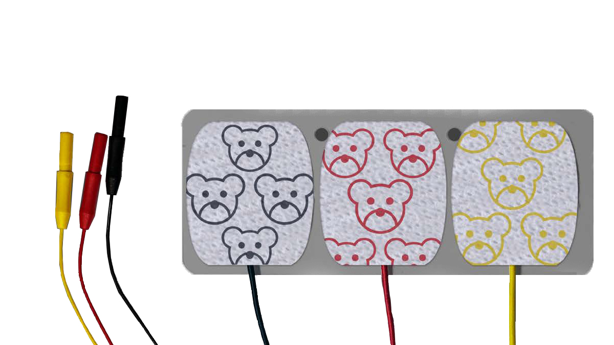 Kolme elektrodilappua nallekuvioilla ja johdot, joiden päät ovat keltaiset, punaiset ja mustat.