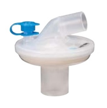 Muovinen hengityssuodatin sinisellä kannella, jota käytetään hengitysilman tai lääkinnällisen ventilaatio­laitteistoon.