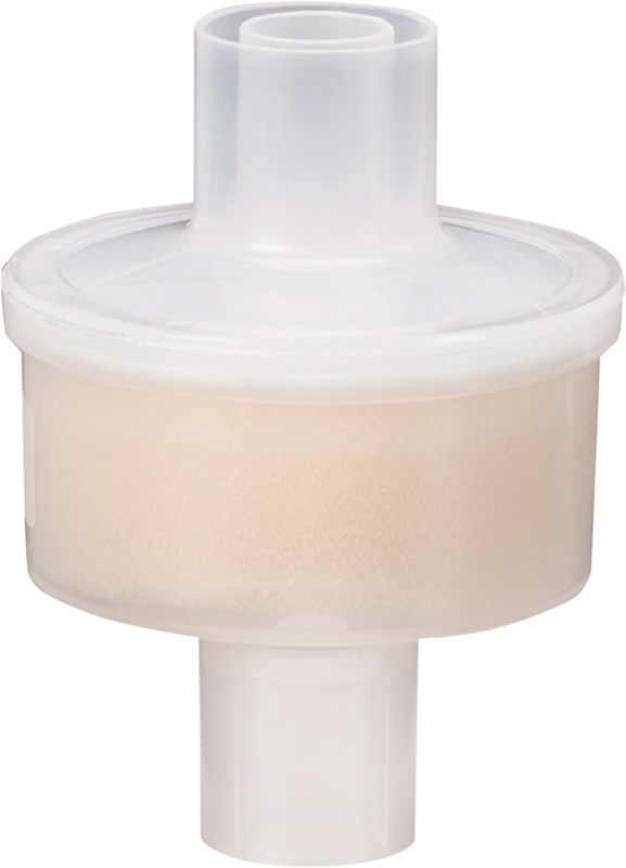 Muovinen sylinterimäinen hengitys- tai lääketieteellinen suodatin, jossa on kirkas kuori ja sisäinen beige suodatinelementti.