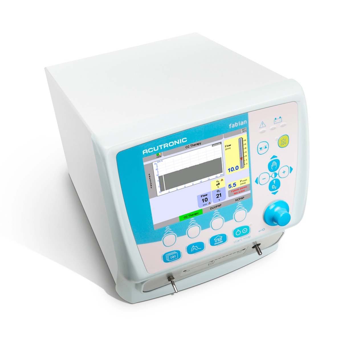 Valkoinen ja sininen hengityslaite, näyttö ja säätönapit etupaneelissa.