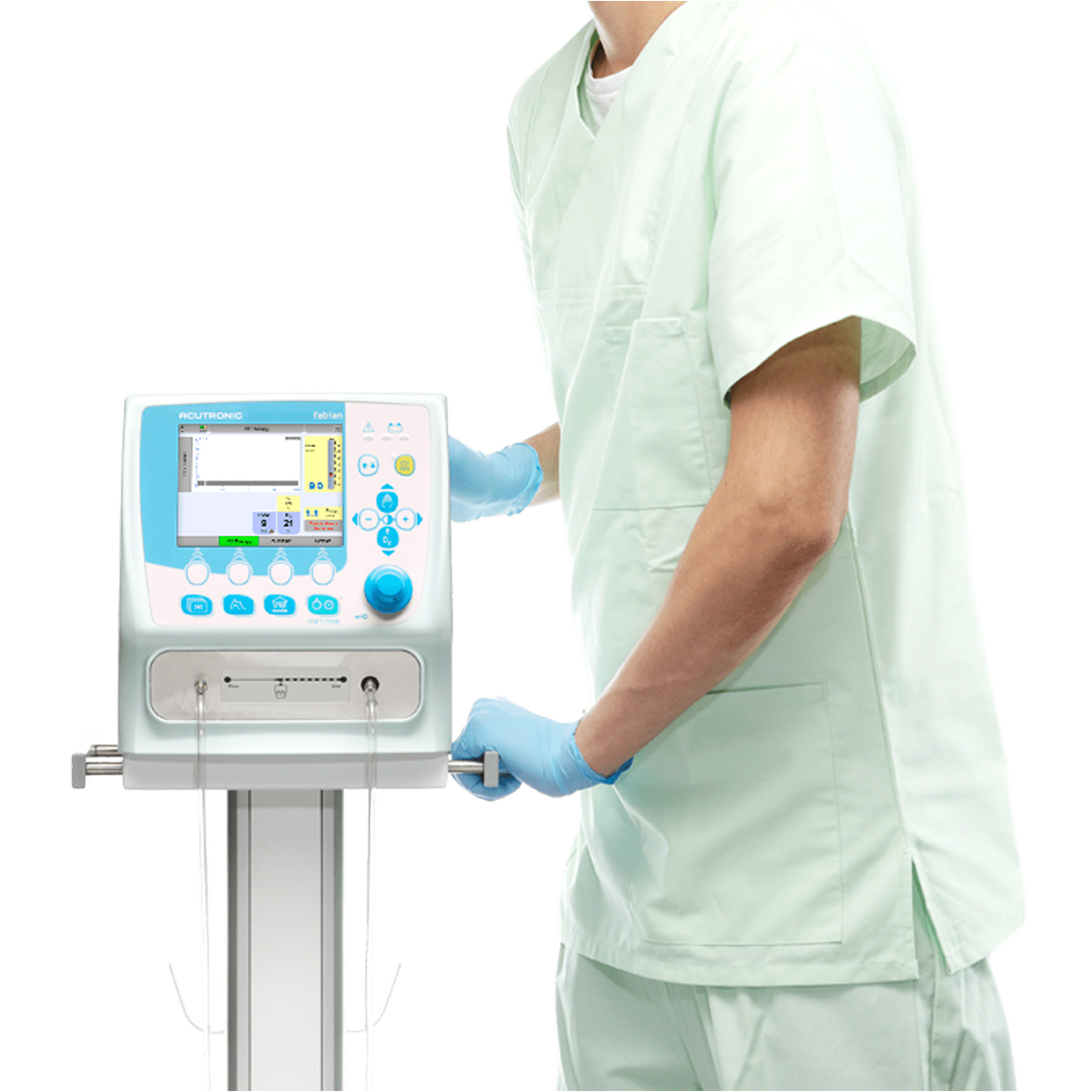 Hoitaja säätää sairaalalaitetta, pukee vaaleanvihreän asun ja siniset käsineet.