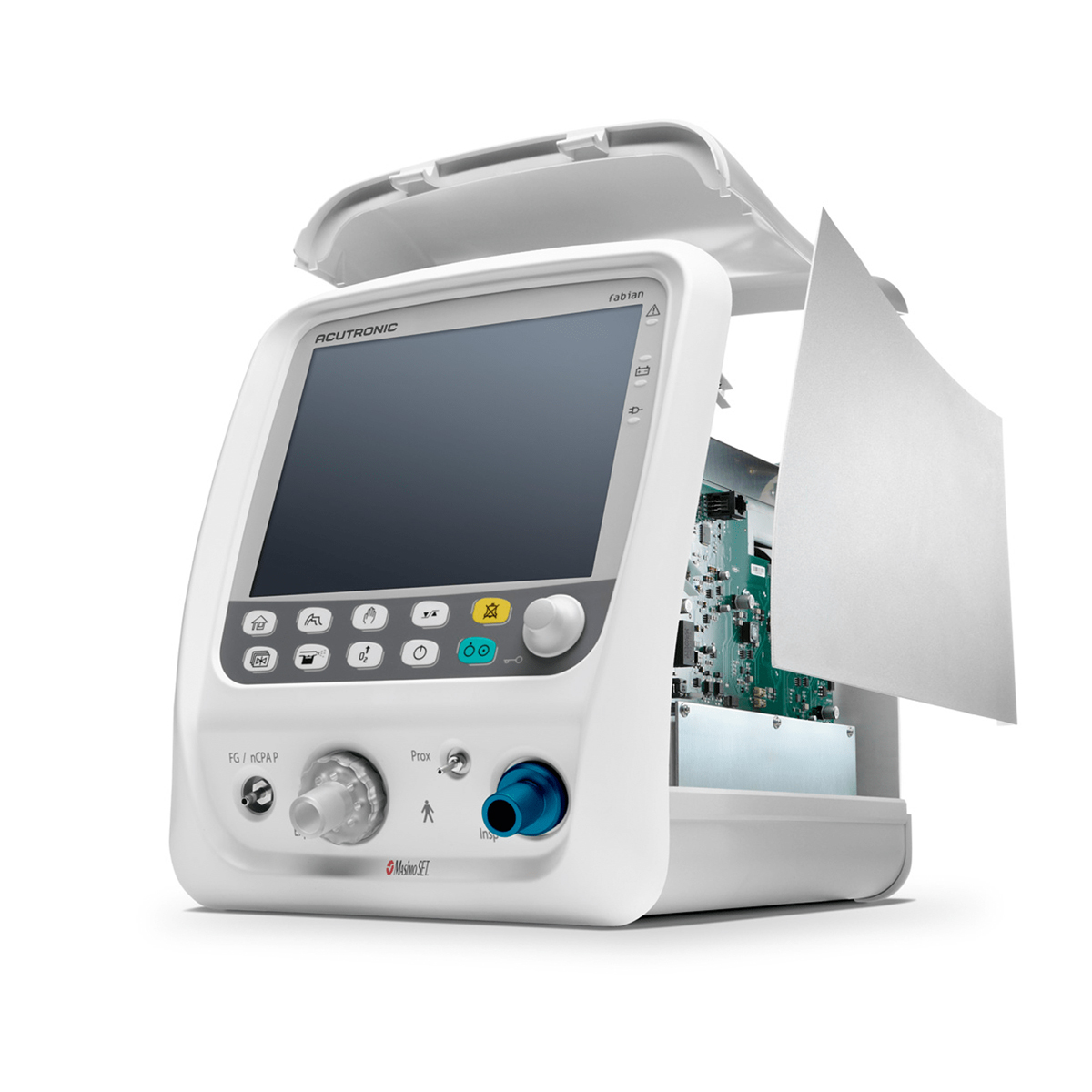 Auki olevan kannen ja sivupaneelin hengityskone, näkyvissä sen sisäiset sähköosat.