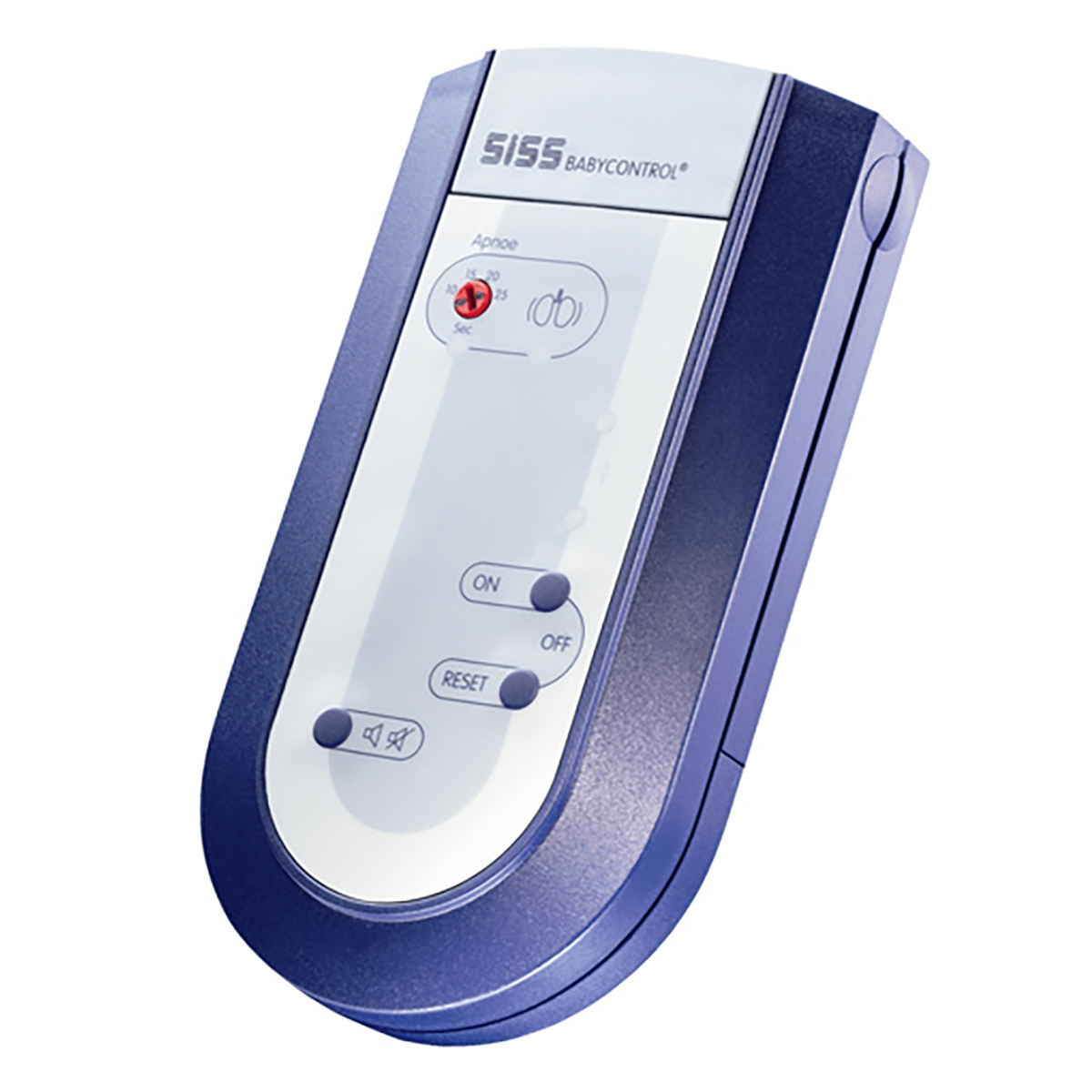 Sininen ja valkoinen Siss Babycontrol -vauvan valvontalaite, jossa on useita painikkeita.