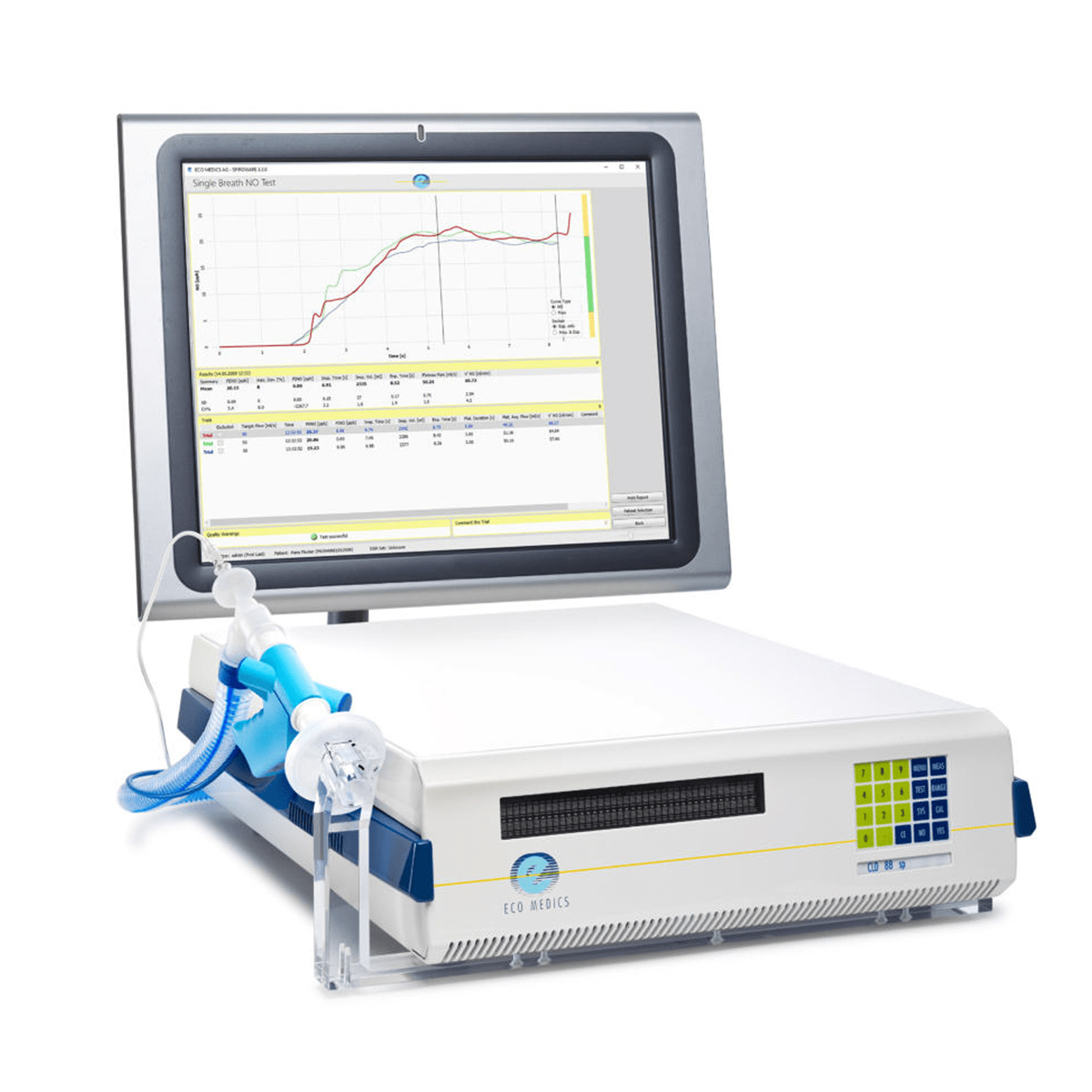 Lääketieteellinen hengitystutkimuslaite, jossa on näyttö ja hengitysputki.