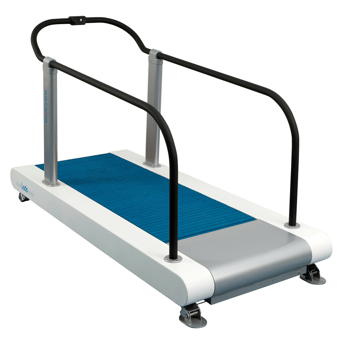 Kävelymatto, jossa on korkeat turvakaiteet molemmilla puolilla ja sininen juoksualusta.
