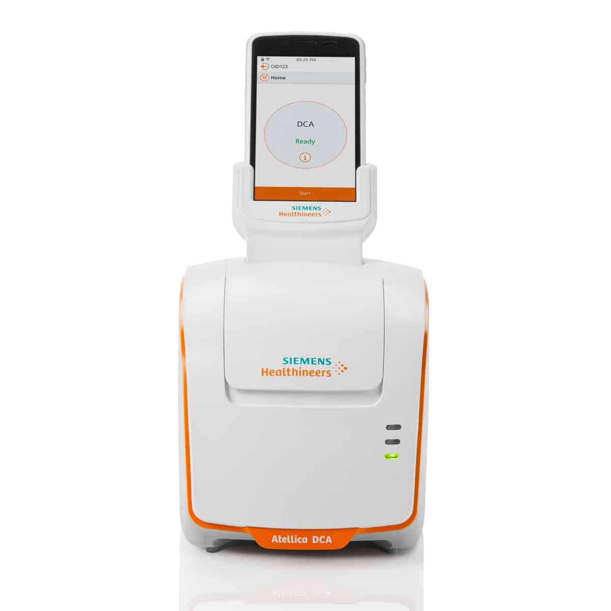 Valkoinen Siemens Healthineers Atellica DCA -analyysilaite, jossa on näyttö ylhäällä.